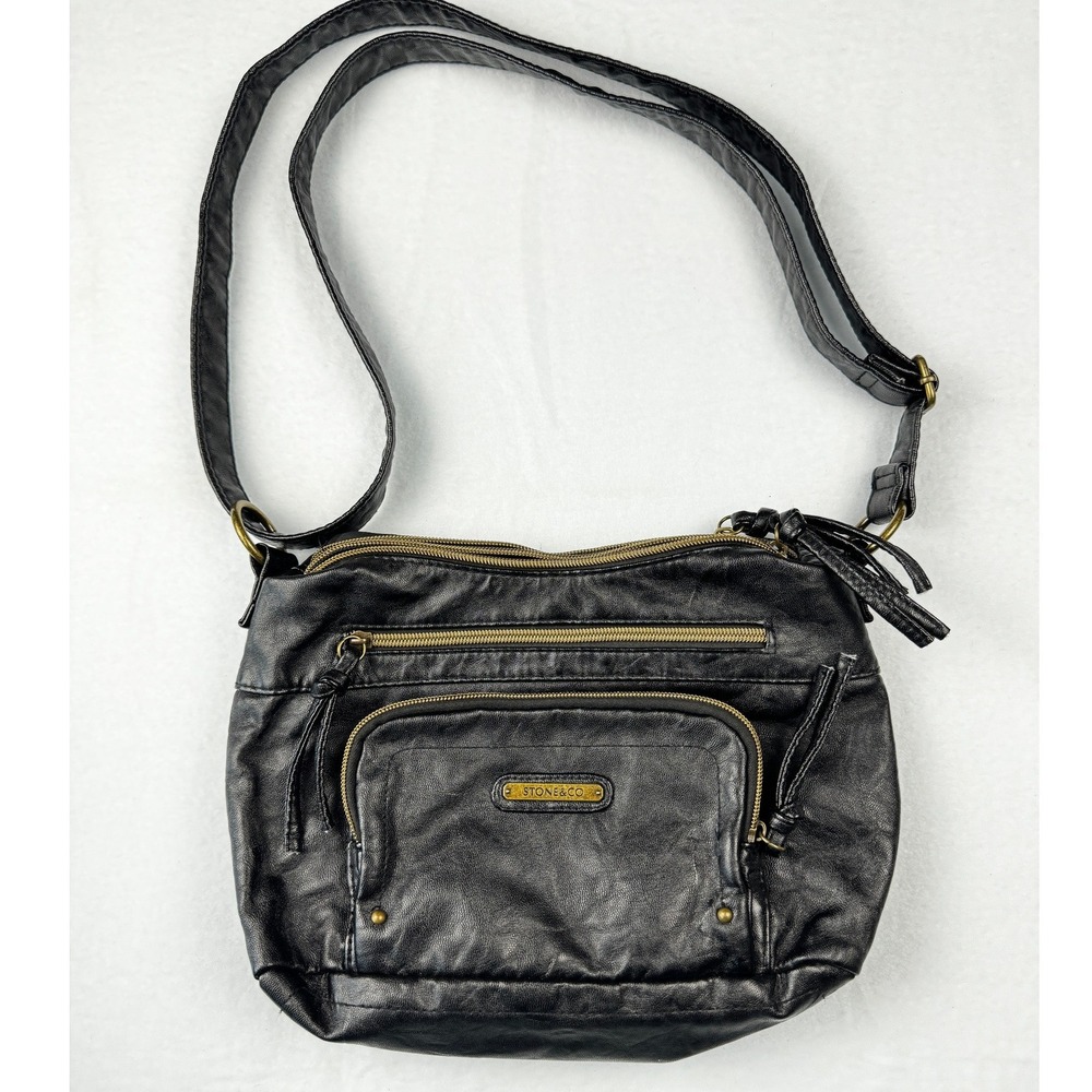 Stone & Co Black Faux Leather Crossbody Bag Multi Zip Adjustable Strap Pocket
